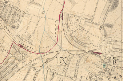 Alte Farbkarte von Südostlondon, 1891 - Bromley, Beckenham, Sydenham, Southend, Downham - SE26, SE6, BR1, BR2 