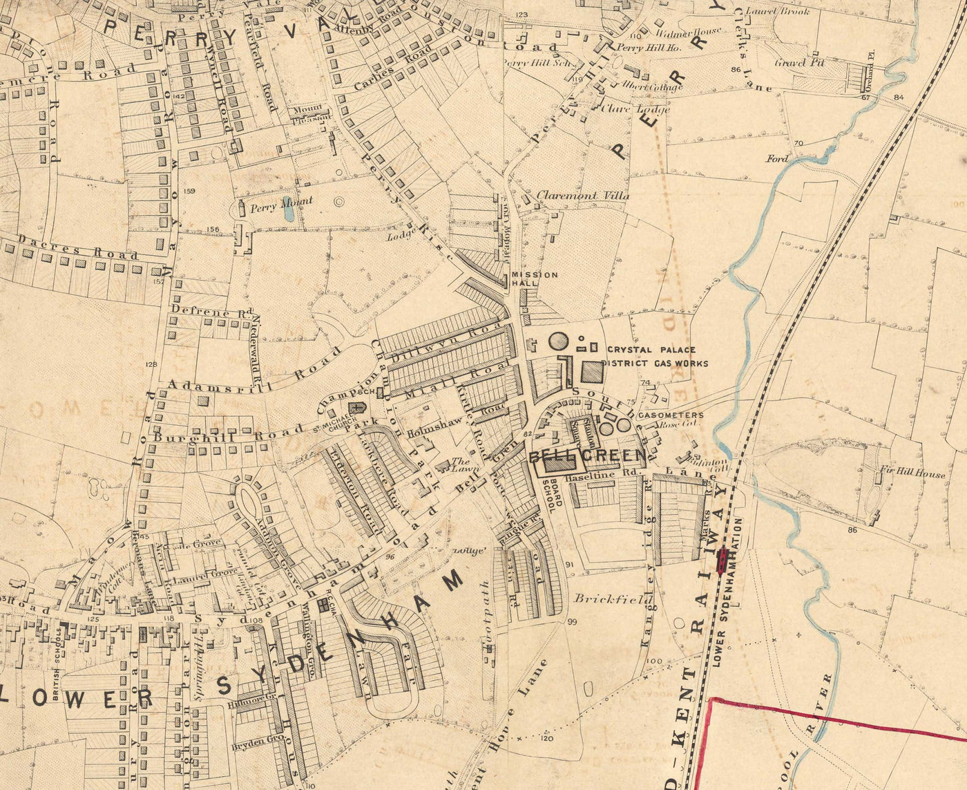 Alte Farbkarte von Südostlondon, 1891 - Bromley, Beckenham, Sydenham, Southend, Downham - SE26, SE6, BR1, BR2 