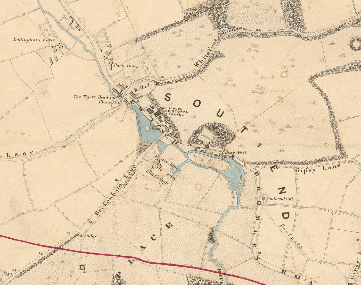 Alte Farbkarte von Südostlondon, 1891 - Bromley, Beckenham, Sydenham, Southend, Downham - SE26, SE6, BR1, BR2 