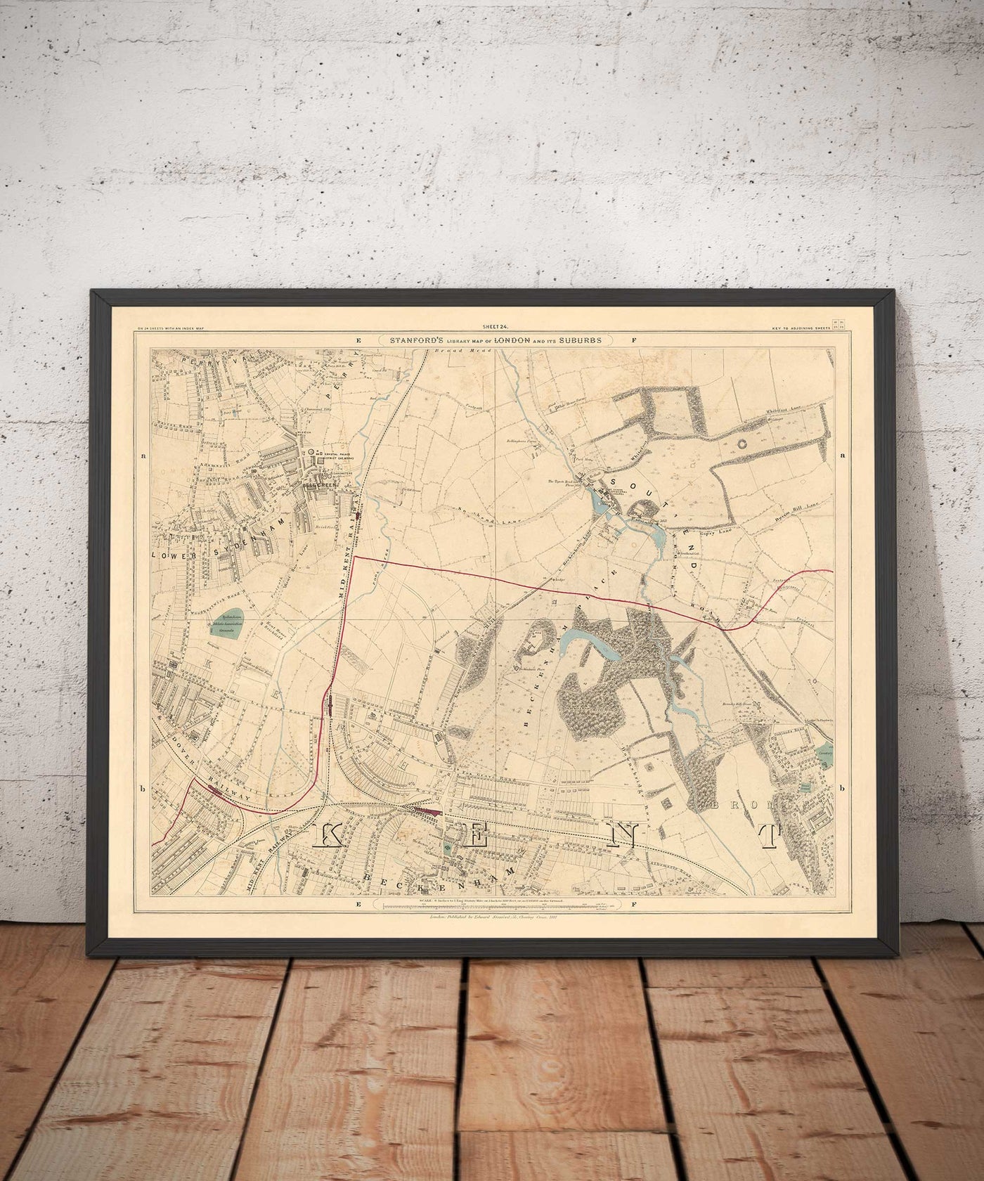 Alte Farbkarte von Südostlondon, 1891 - Bromley, Beckenham, Sydenham, Southend, Downham - SE26, SE6, BR1, BR2 