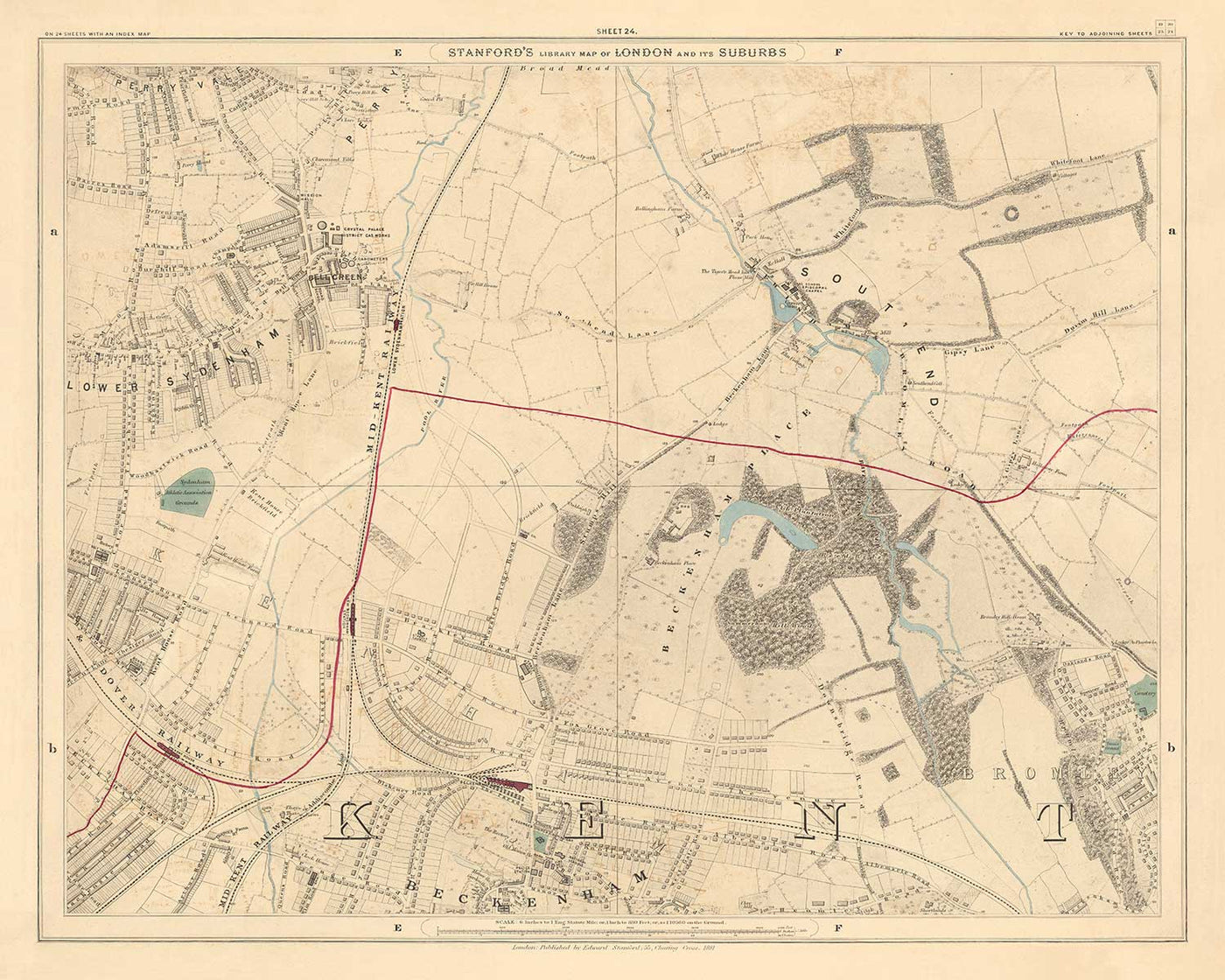 Alte Farbkarte von Südostlondon, 1891 - Bromley, Beckenham, Sydenham, Southend, Downham - SE26, SE6, BR1, BR2 
