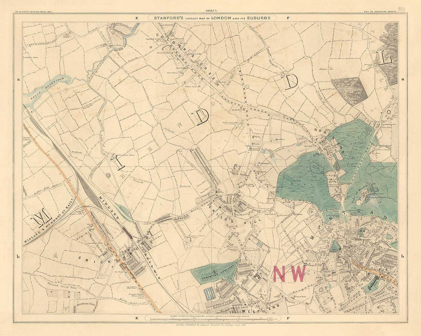 Old Colour Map of North London, 1891 - Hampstead, Cricklewood, Golders Green, Brent - NW2, NW3, NW11, NW4