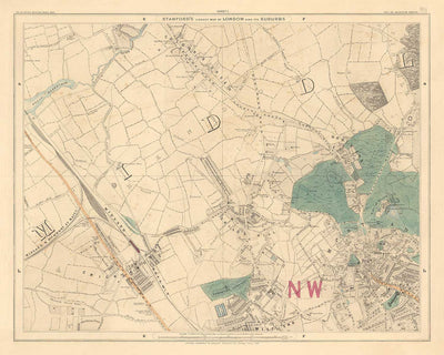 Old Colour Map of North London, 1891 - Hampstead, Cricklewood, Golders Green, Brent - NW2, NW3, NW11, NW4