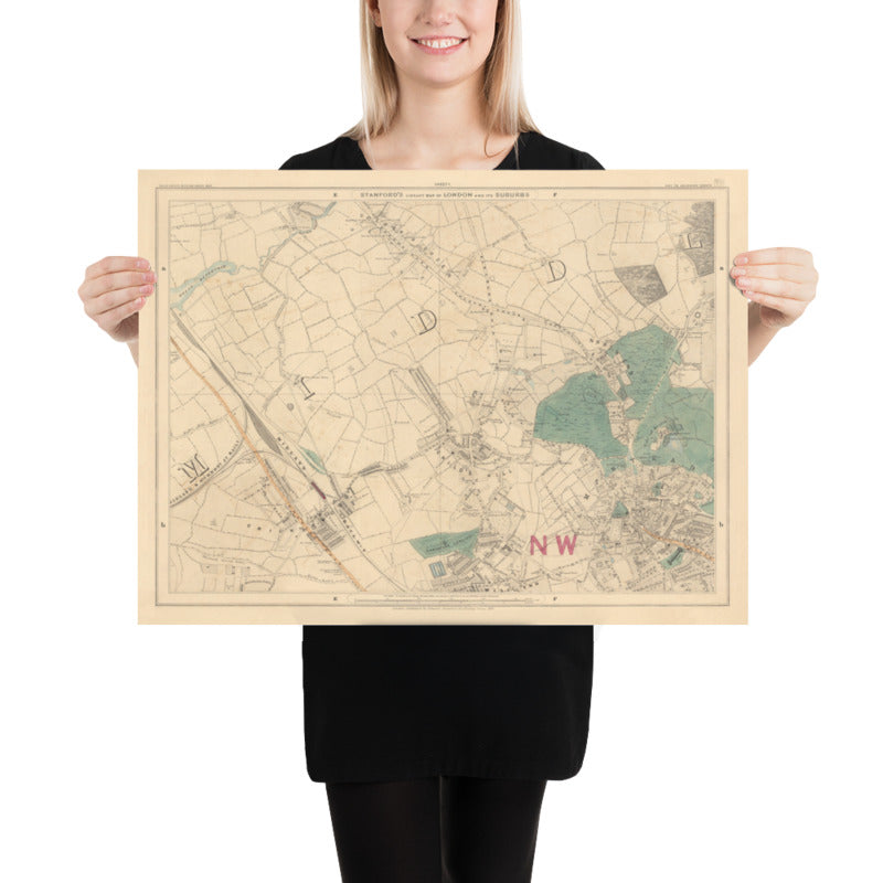 Old Colour Map of North London, 1891 - Hampstead, Cricklewood, Golders Green, Brent - NW2, NW3, NW11, NW4