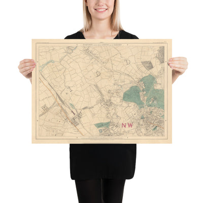 Old Colour Map of North London, 1891 - Hampstead, Cricklewood, Golders Green, Brent - NW2, NW3, NW11, NW4