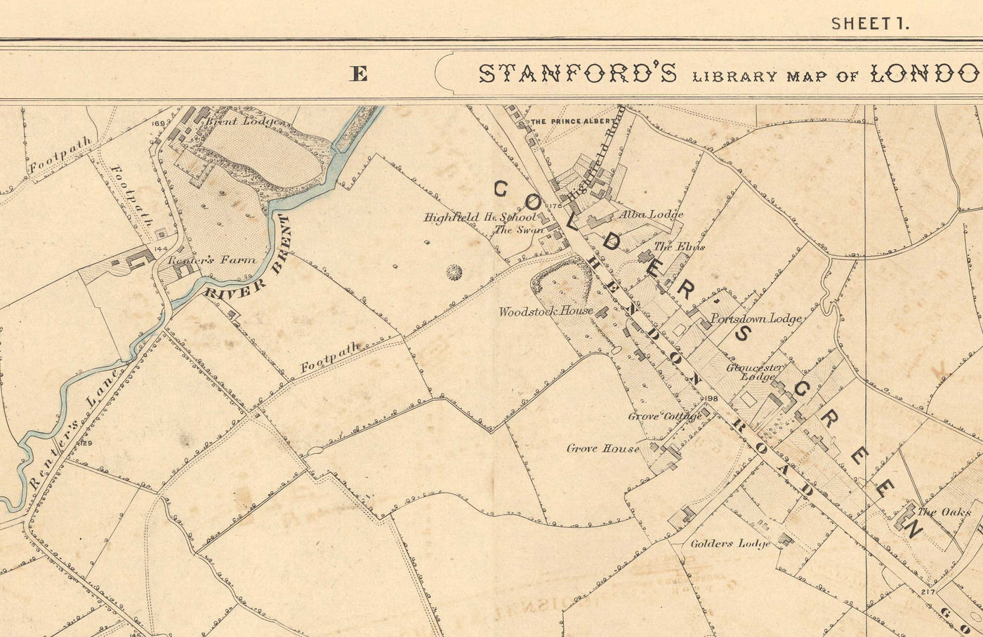 Old Colour Map of North London, 1891 - Hampstead, Cricklewood, Golders Green, Brent - NW2, NW3, NW11, NW4