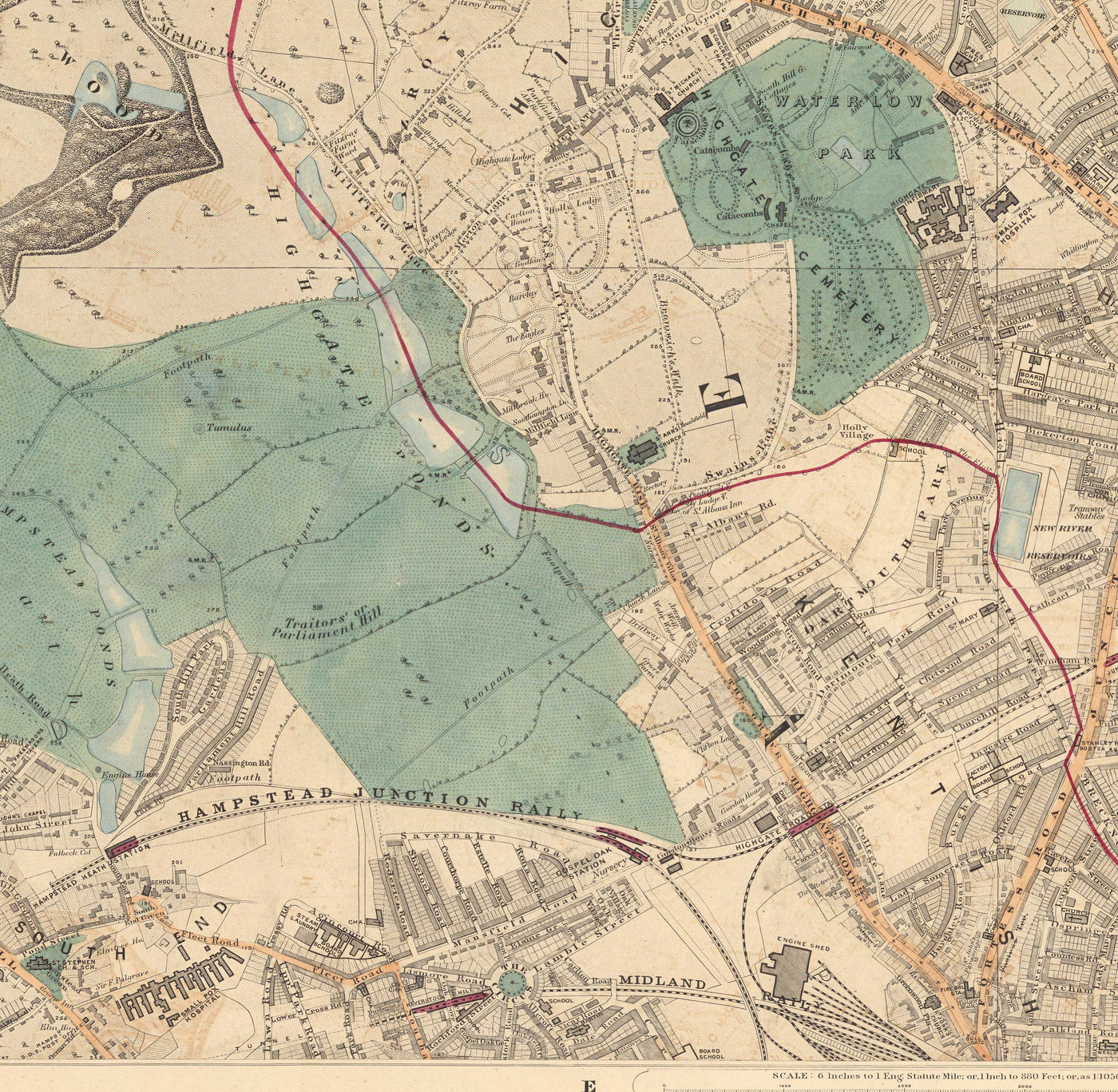 Alte Farbkarte von Nord-London im Jahr 1891 - Highgate, Hampstead Heath, Holloway, Crouch End - N6, N8, N19, N7, NW3 NW5 