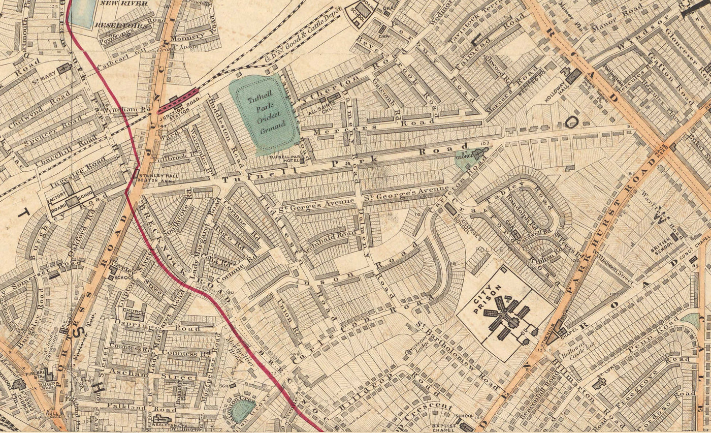 Alte Farbkarte von Nord-London im Jahr 1891 - Highgate, Hampstead Heath, Holloway, Crouch End - N6, N8, N19, N7, NW3 NW5 