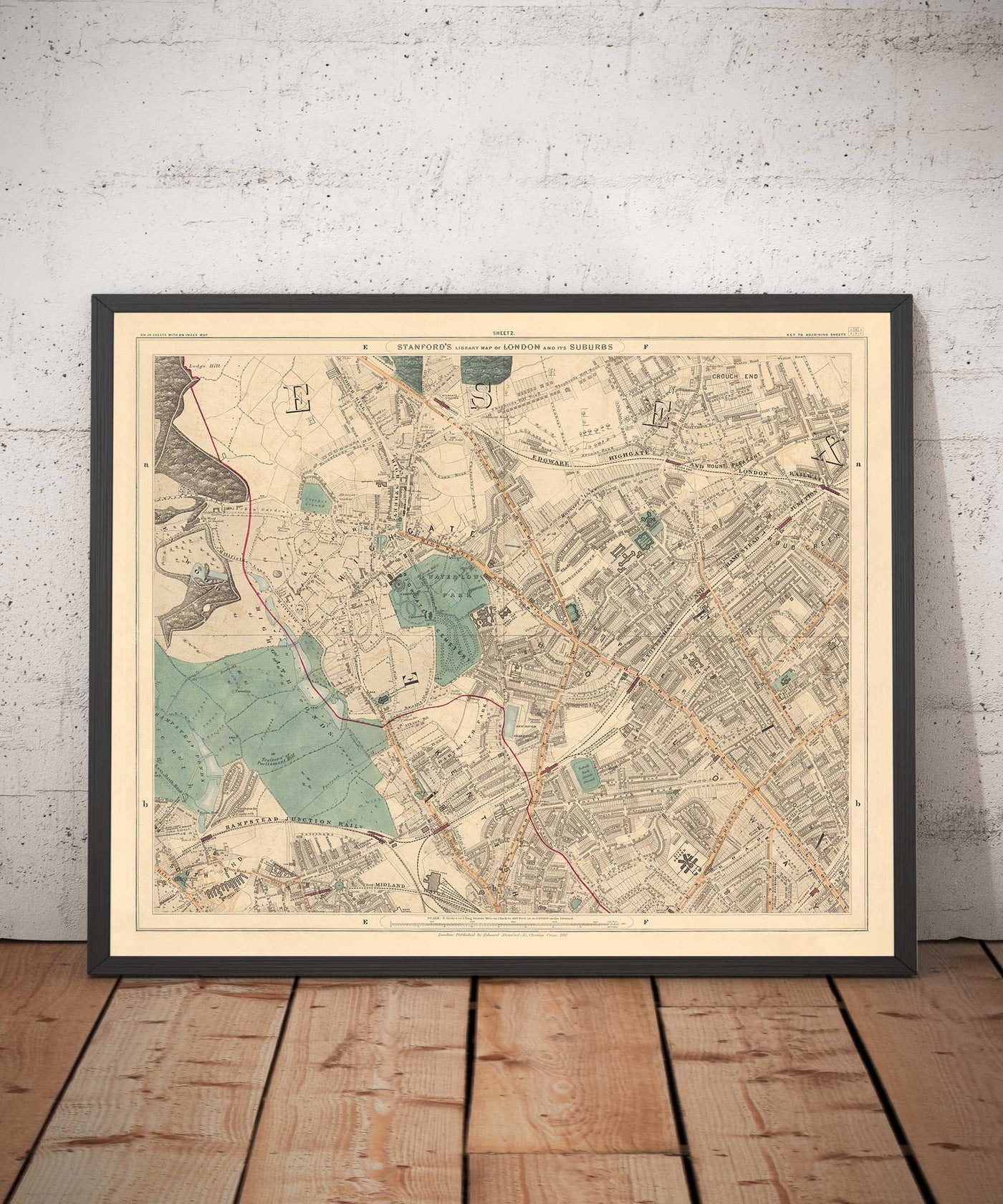 Alte Farbkarte von Nord-London im Jahr 1891 - Highgate, Hampstead Heath, Holloway, Crouch End - N6, N8, N19, N7, NW3 NW5 