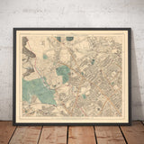 Antiguo mapa en color del norte de Londres en 1891 - Highgate, Hampstead Heath, Holloway, Crouch End - N6, N8, N19, N7, NW3 NW5