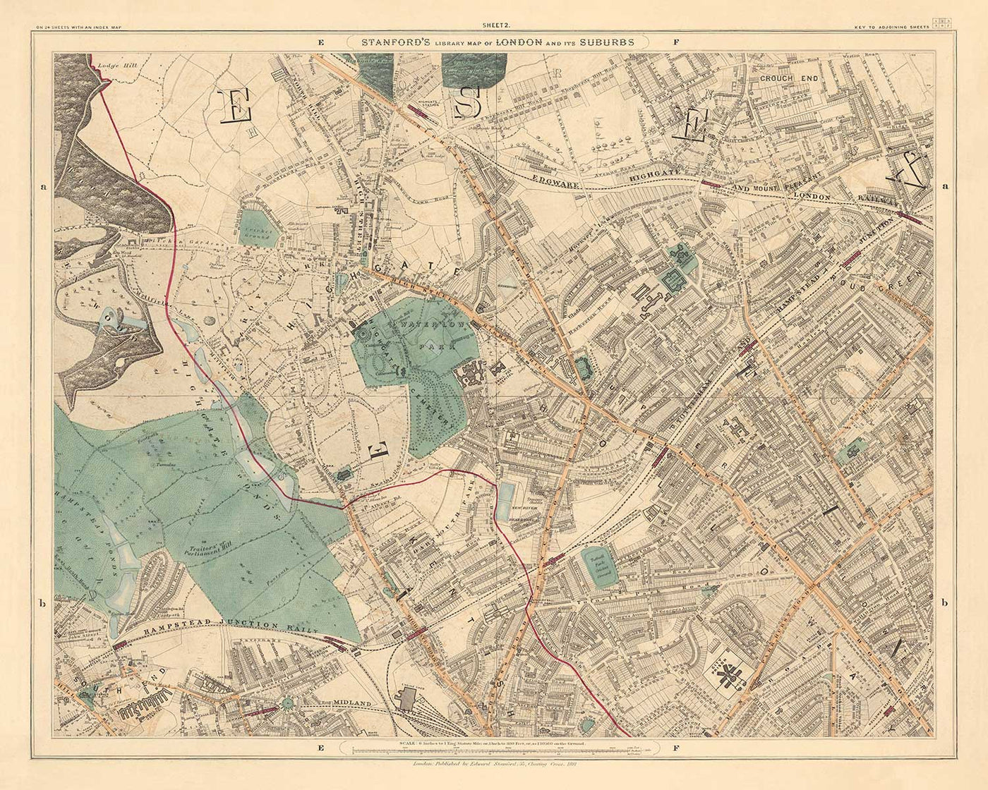 Alte Farbkarte von Nord-London im Jahr 1891 - Highgate, Hampstead Heath, Holloway, Crouch End - N6, N8, N19, N7, NW3 NW5 