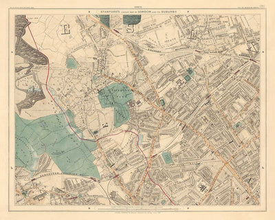 Alte Farbkarte von Nord-London im Jahr 1891 - Highgate, Hampstead Heath, Holloway, Crouch End - N6, N8, N19, N7, NW3 NW5 