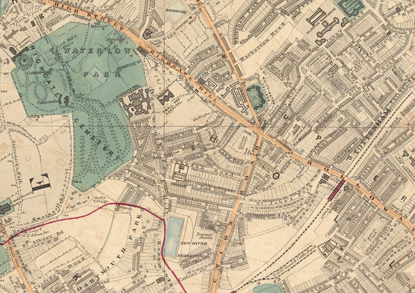Alte Farbkarte von Nord-London im Jahr 1891 - Highgate, Hampstead Heath, Holloway, Crouch End - N6, N8, N19, N7, NW3 NW5 