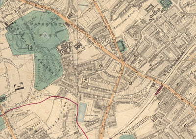 Alte Farbkarte von Nord-London im Jahr 1891 - Highgate, Hampstead Heath, Holloway, Crouch End - N6, N8, N19, N7, NW3 NW5 