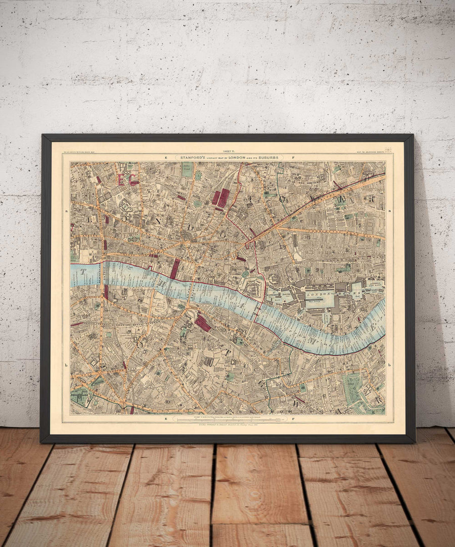Mappa dei colori antica della città di Londra, 1891 - London Bridge, St Pauls, Liverpool St, Bank, Finsbury, Southwark - EC1 EC2 EC3 EC4 E1 SE1 