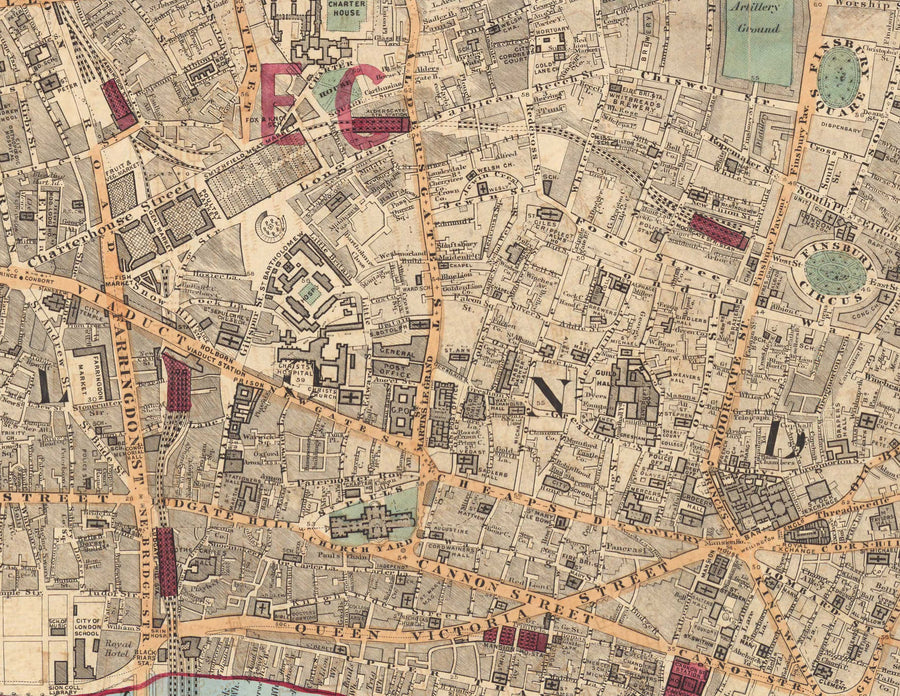 Mappa dei colori antica della città di Londra, 1891 - London Bridge, St Pauls, Liverpool St, Bank, Finsbury, Southwark - EC1 EC2 EC3 EC4 E1 SE1 