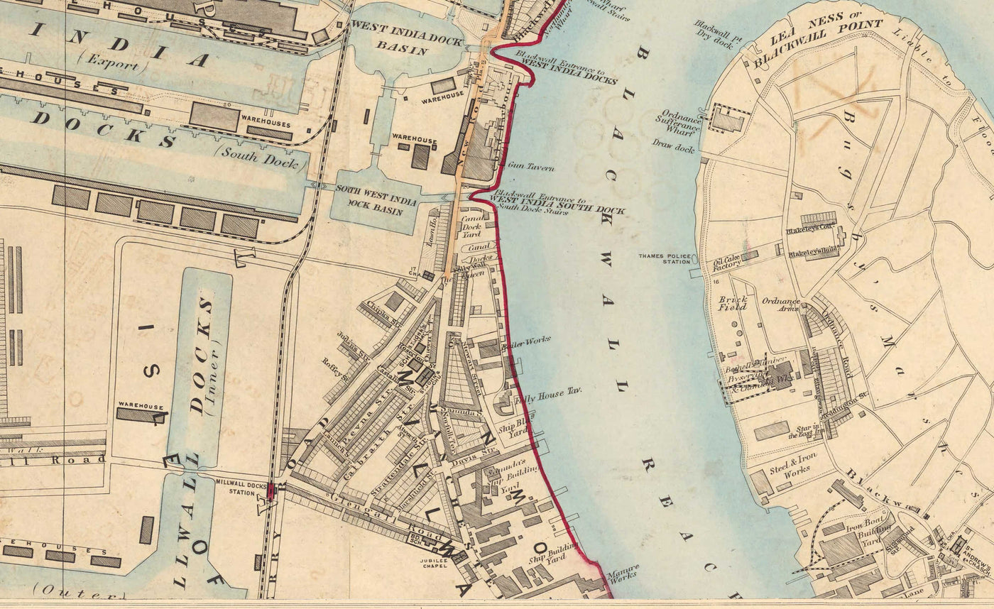 Old Colour Map of East London 1891 - Isle of Dogs, Tower Hamlets, Limehouse, Poplar, Canary Wharf, Surrey Quays - E1 E3 E14 SE16