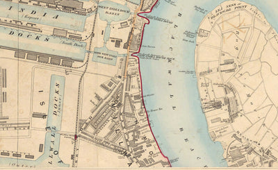 Old Colour Map of East London 1891 - Isle of Dogs, Tower Hamlets, Limehouse, Poplar, Canary Wharf, Surrey Quays - E1 E3 E14 SE16