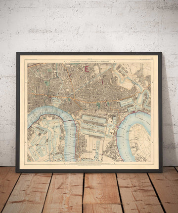 Mappa dei colori antica di East London 1891 - Isle of Dogs, Tower Hamlets, Limehouse, Poplar, Canary Wharf, Surrey Quays - E1 E3 E14 SE16 