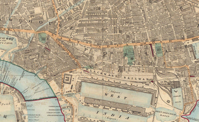 Old Colour Map of East London 1891 - Isle of Dogs, Tower Hamlets, Limehouse, Poplar, Canary Wharf, Surrey Quays - E1 E3 E14 SE16