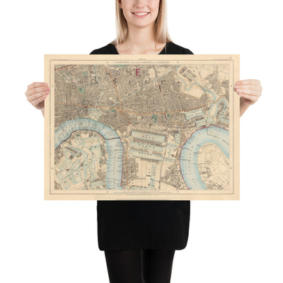 Old Colour Map of East London 1891 - Isle of Dogs, Tower Hamlets, Limehouse, Poplar, Canary Wharf, Surrey Quays - E1 E3 E14 SE16
