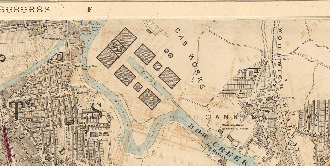 Old Colour Map of East London 1891 - Isle of Dogs, Tower Hamlets, Limehouse, Poplar, Canary Wharf, Surrey Quays - E1 E3 E14 SE16