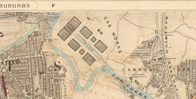Old Colour Map of East London 1891 - Isle of Dogs, Tower Hamlets, Limehouse, Poplar, Canary Wharf, Surrey Quays - E1 E3 E14 SE16