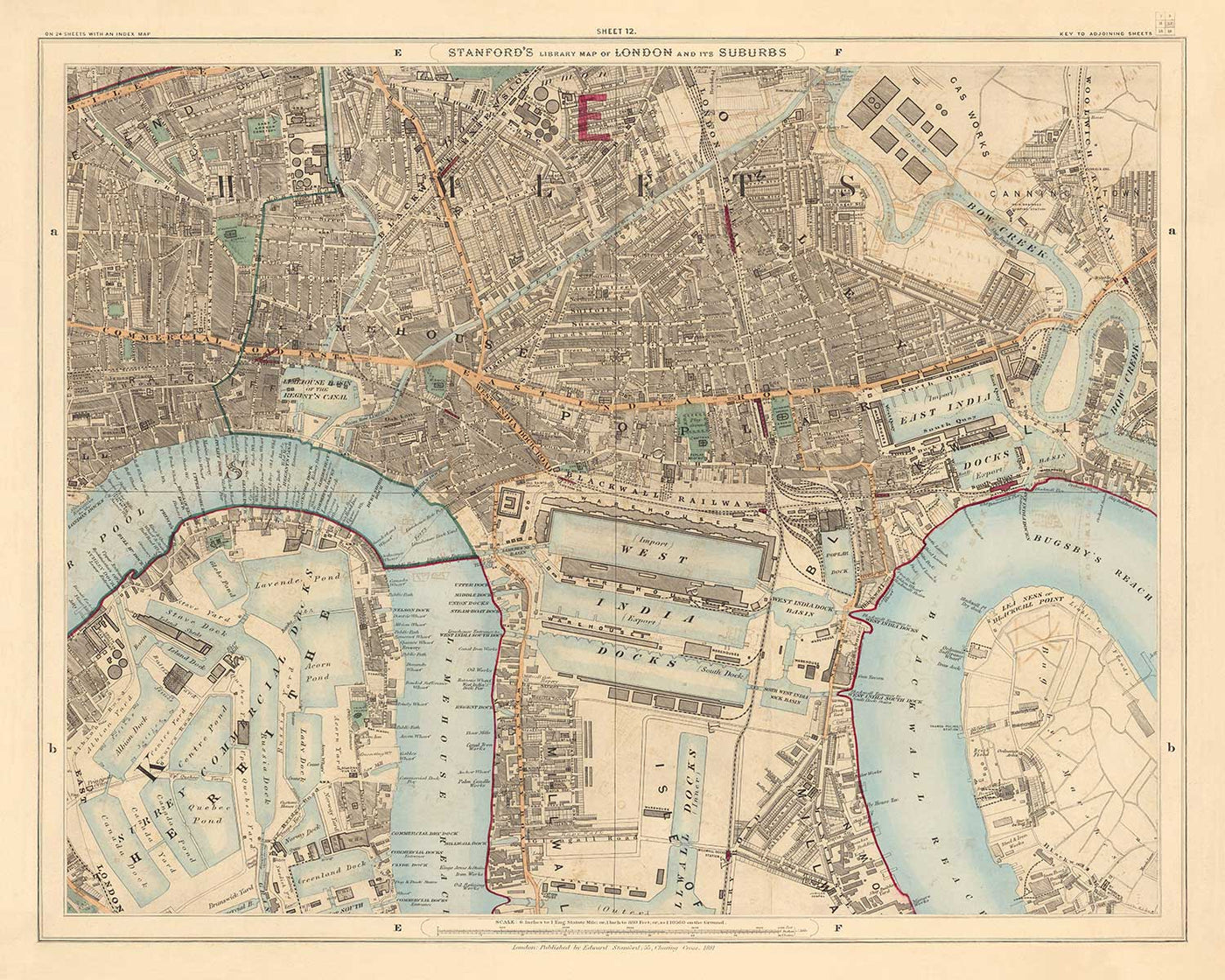 Old Colour Map of East London 1891 - Isle of Dogs, Tower Hamlets, Limehouse, Poplar, Canary Wharf, Surrey Quays - E1 E3 E14 SE16