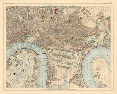Old Colour Map of East London 1891 - Isle of Dogs, Tower Hamlets, Limehouse, Poplar, Canary Wharf, Surrey Quays - E1 E3 E14 SE16