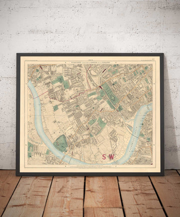 Alte Farbkarte von West-London, 1891 - Fulham, Brompton, Battersea, Hammersmith - SW6, SW10, SW15, SW18, SW10, SW11, SW5, W6 W14 