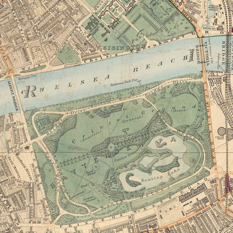 Mappa dei colori antica di South London nel 1891 - Battersea, Chelsea, Oval, Stockwell, Wandsworth - SW3, SW1, SE11, SW8, SW11, SW9, SW4 