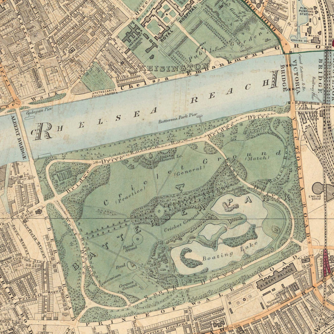 Old Colour Map of South London in 1891 - Battersea, Chelsea, Oval, Stockwell, Wandsworth - SW3, SW1, SE11, SW8, SW11, SW9, SW4