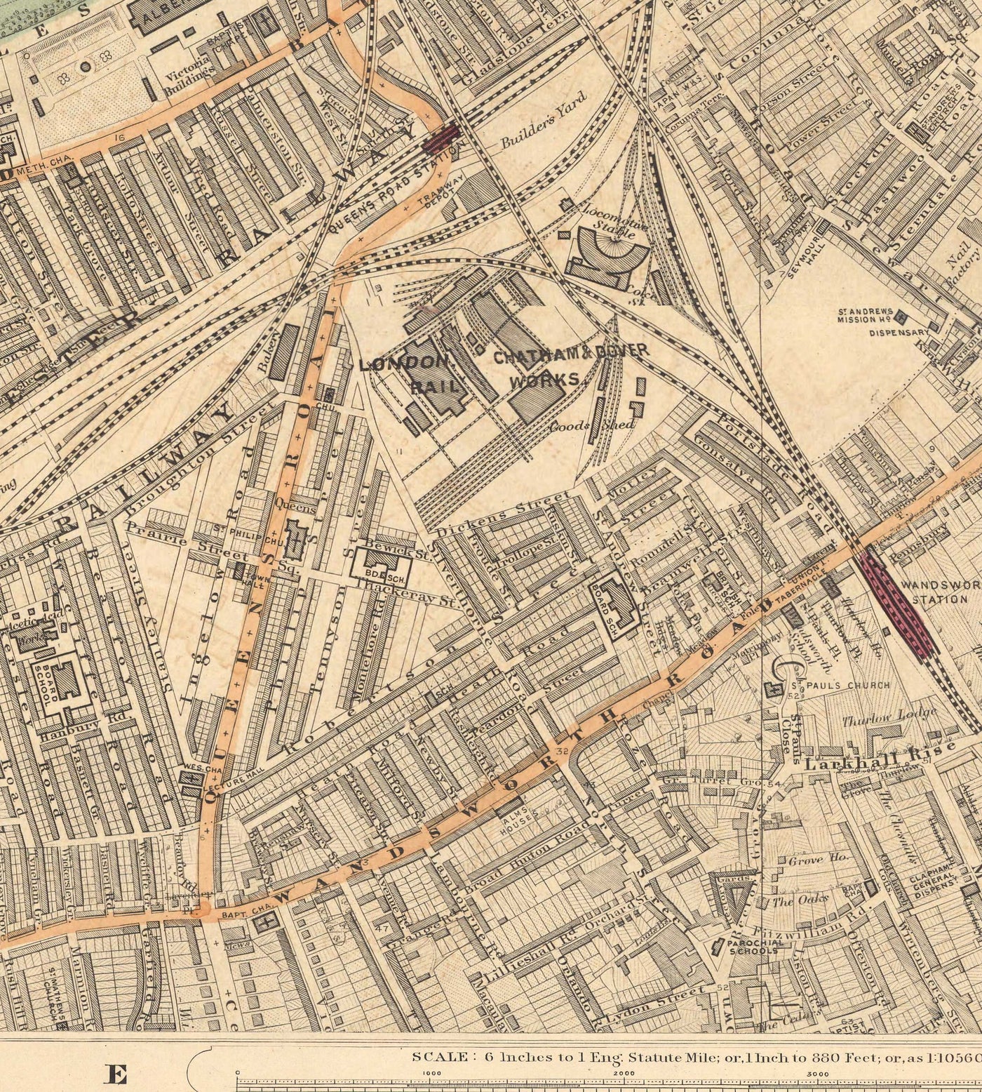 Old Colour Map of South London in 1891 - Battersea, Chelsea, Oval, Stockwell, Wandsworth - SW3, SW1, SE11, SW8, SW11, SW9, SW4