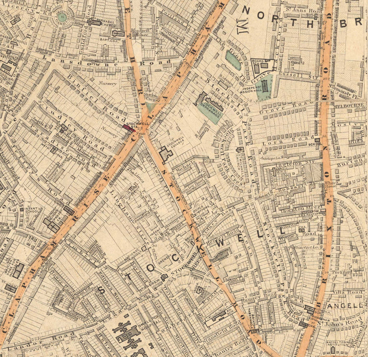 Old Colour Map of South London in 1891 - Battersea, Chelsea, Oval, Stockwell, Wandsworth - SW3, SW1, SE11, SW8, SW11, SW9, SW4
