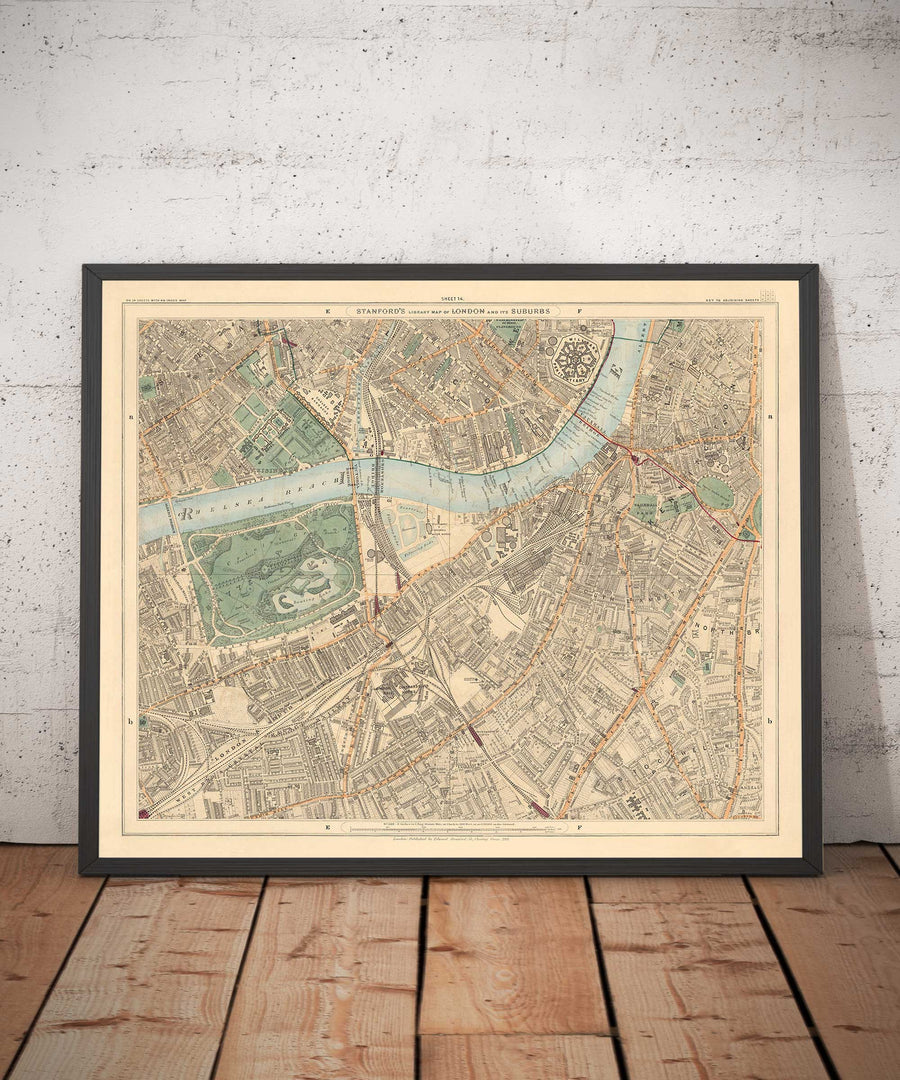 Mappa dei colori antica di South London nel 1891 - Battersea, Chelsea, Oval, Stockwell, Wandsworth - SW3, SW1, SE11, SW8, SW11, SW9, SW4 