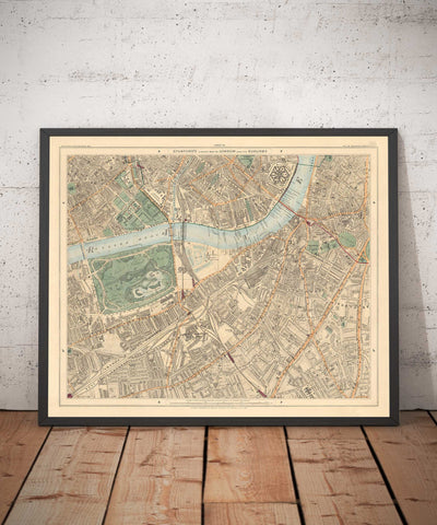 Old Colour Map of South London in 1891 - Battersea, Chelsea, Oval, Stockwell, Wandsworth - SW3, SW1, SE11, SW8, SW11, SW9, SW4