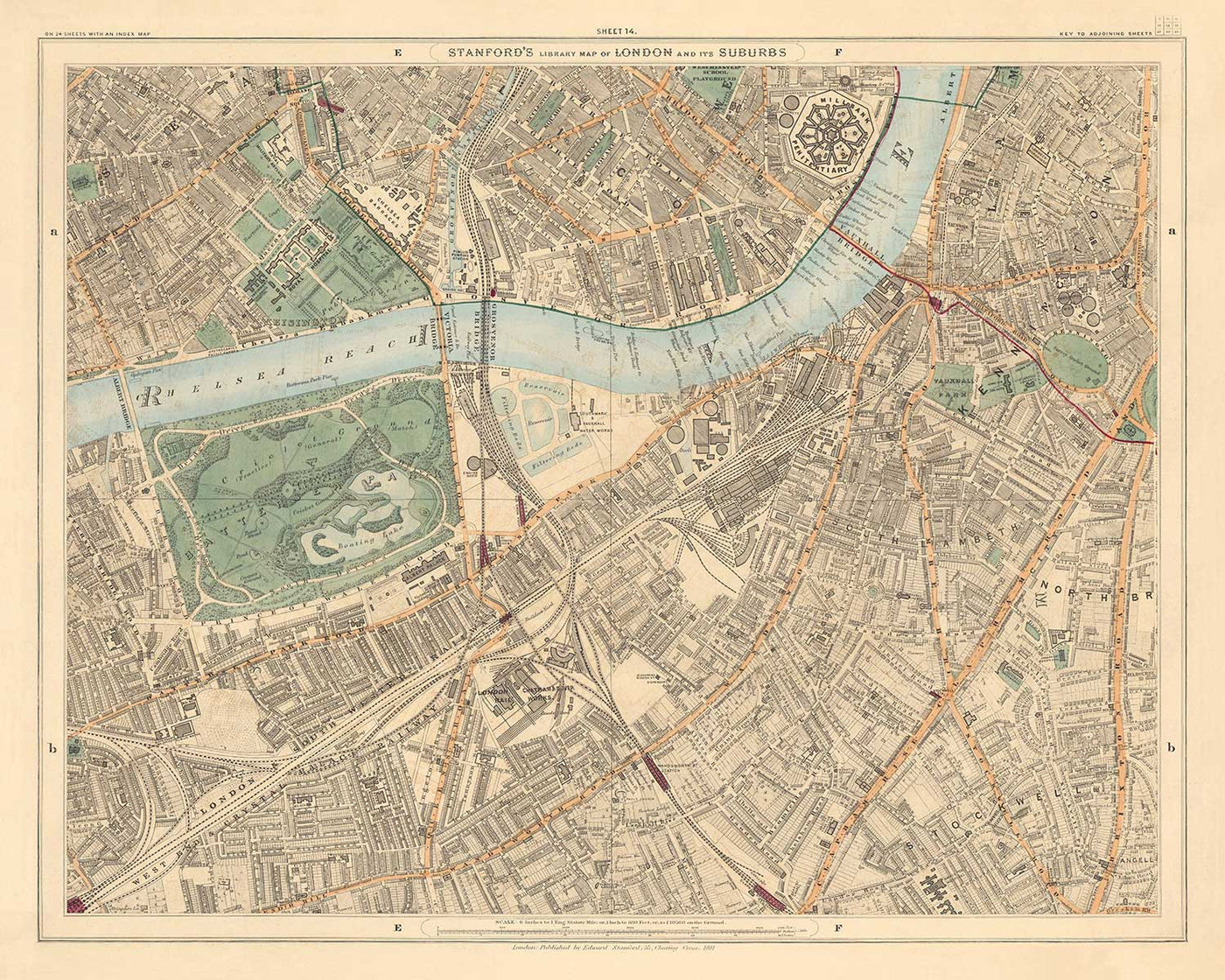 Old Colour Map of South London in 1891 - Battersea, Chelsea, Oval, Stockwell, Wandsworth - SW3, SW1, SE11, SW8, SW11, SW9, SW4