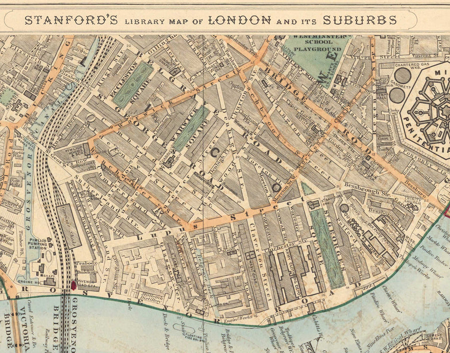 Mappa dei colori antica di South London nel 1891 - Battersea, Chelsea, Oval, Stockwell, Wandsworth - SW3, SW1, SE11, SW8, SW11, SW9, SW4 