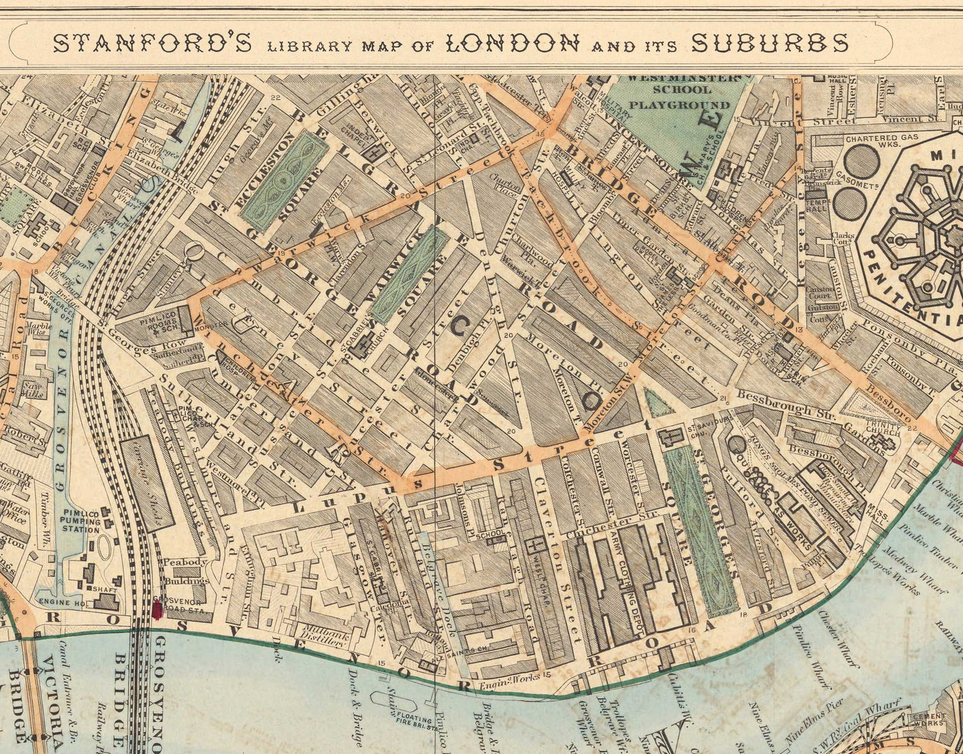 Old Colour Map of South London in 1891 - Battersea, Chelsea, Oval, Stockwell, Wandsworth - SW3, SW1, SE11, SW8, SW11, SW9, SW4