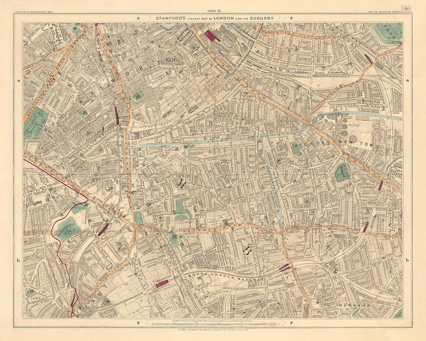 Old Colour Map of South London in 1891 - Camberwell, Peckham, Walworth, Nunhead, Old Kent Road - SE5, SE17, SE15, SE1, SE16