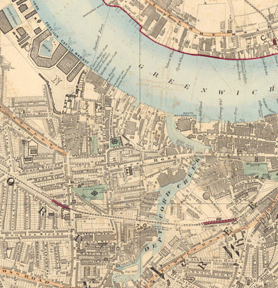 Alte Farbkarte von Südlondon im Jahr 1891 - Greenwich, Deptford, New Cross, Telegraph Hill, Blackheath - SE8, SE14, SE10 SE4 SE13 