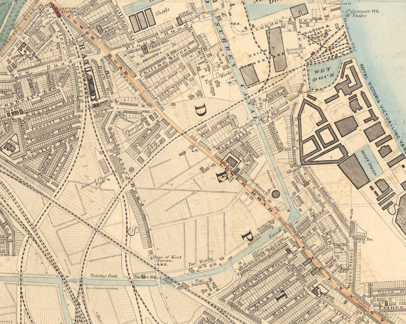 Alte Farbkarte von Südlondon im Jahr 1891 - Greenwich, Deptford, New Cross, Telegraph Hill, Blackheath - SE8, SE14, SE10 SE4 SE13 