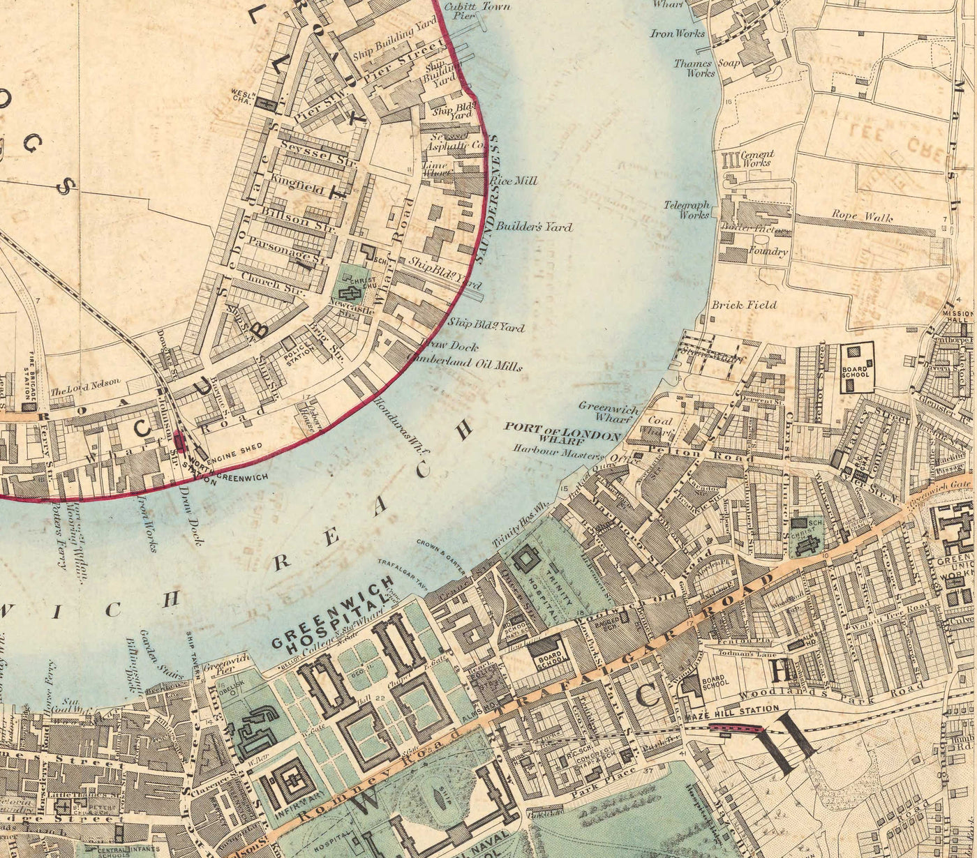 Alte Farbkarte von Südlondon im Jahr 1891 - Greenwich, Deptford, New Cross, Telegraph Hill, Blackheath - SE8, SE14, SE10 SE4 SE13 