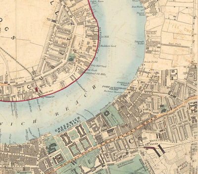 Alte Farbkarte von Südlondon im Jahr 1891 - Greenwich, Deptford, New Cross, Telegraph Hill, Blackheath - SE8, SE14, SE10 SE4 SE13 