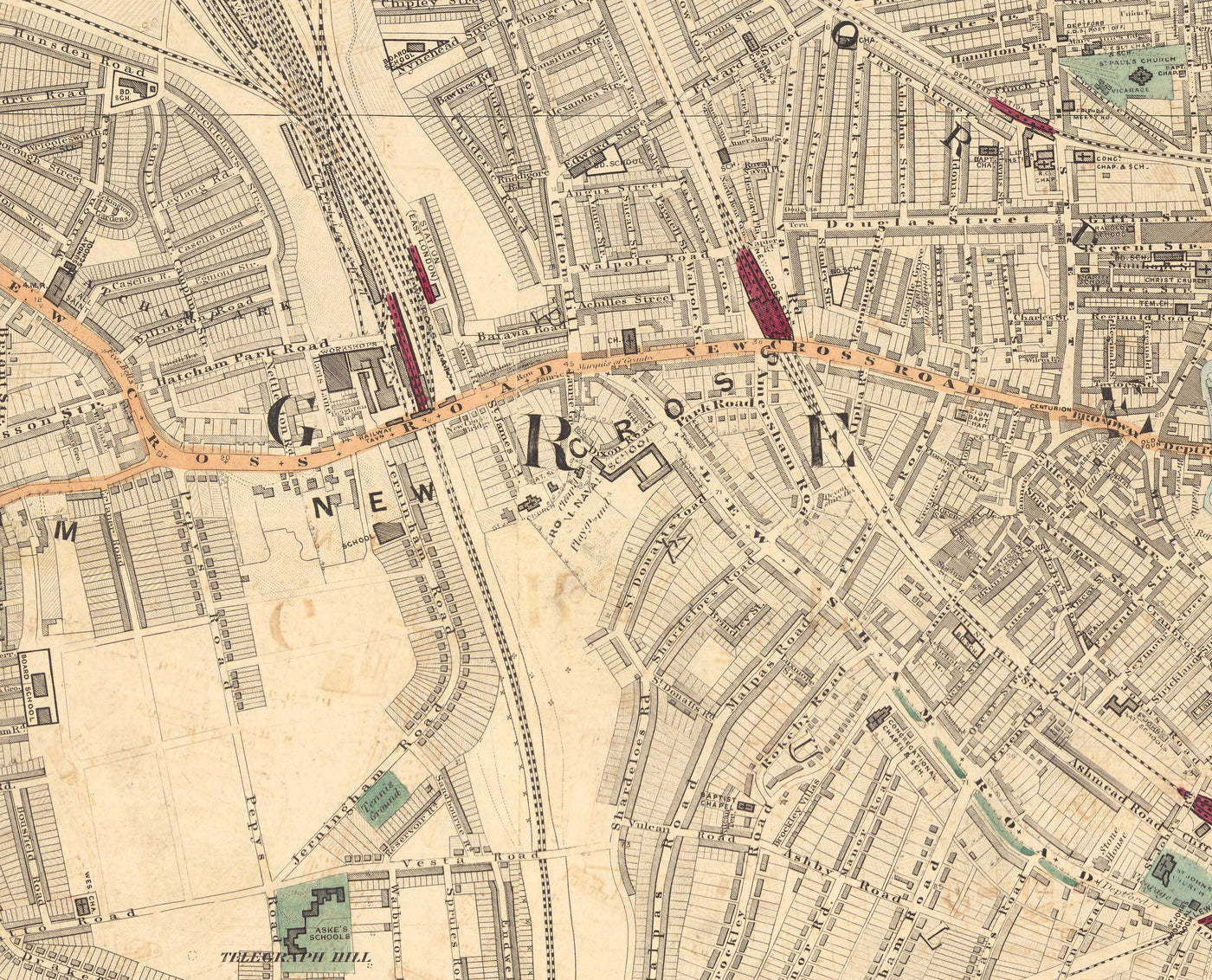 Alte Farbkarte von Südlondon im Jahr 1891 - Greenwich, Deptford, New Cross, Telegraph Hill, Blackheath - SE8, SE14, SE10 SE4 SE13 