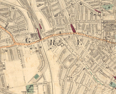 Alte Farbkarte von Südlondon im Jahr 1891 - Greenwich, Deptford, New Cross, Telegraph Hill, Blackheath - SE8, SE14, SE10 SE4 SE13 