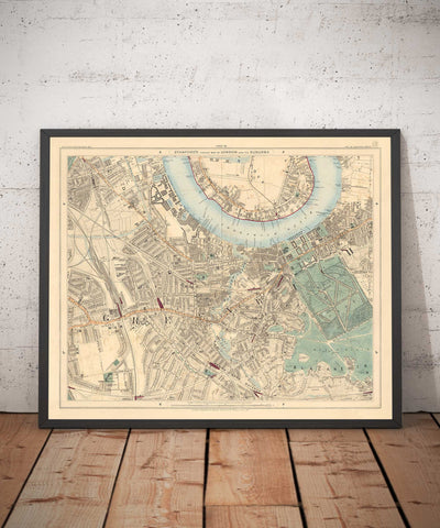 Alte Farbkarte von Südlondon im Jahr 1891 - Greenwich, Deptford, New Cross, Telegraph Hill, Blackheath - SE8, SE14, SE10 SE4 SE13 