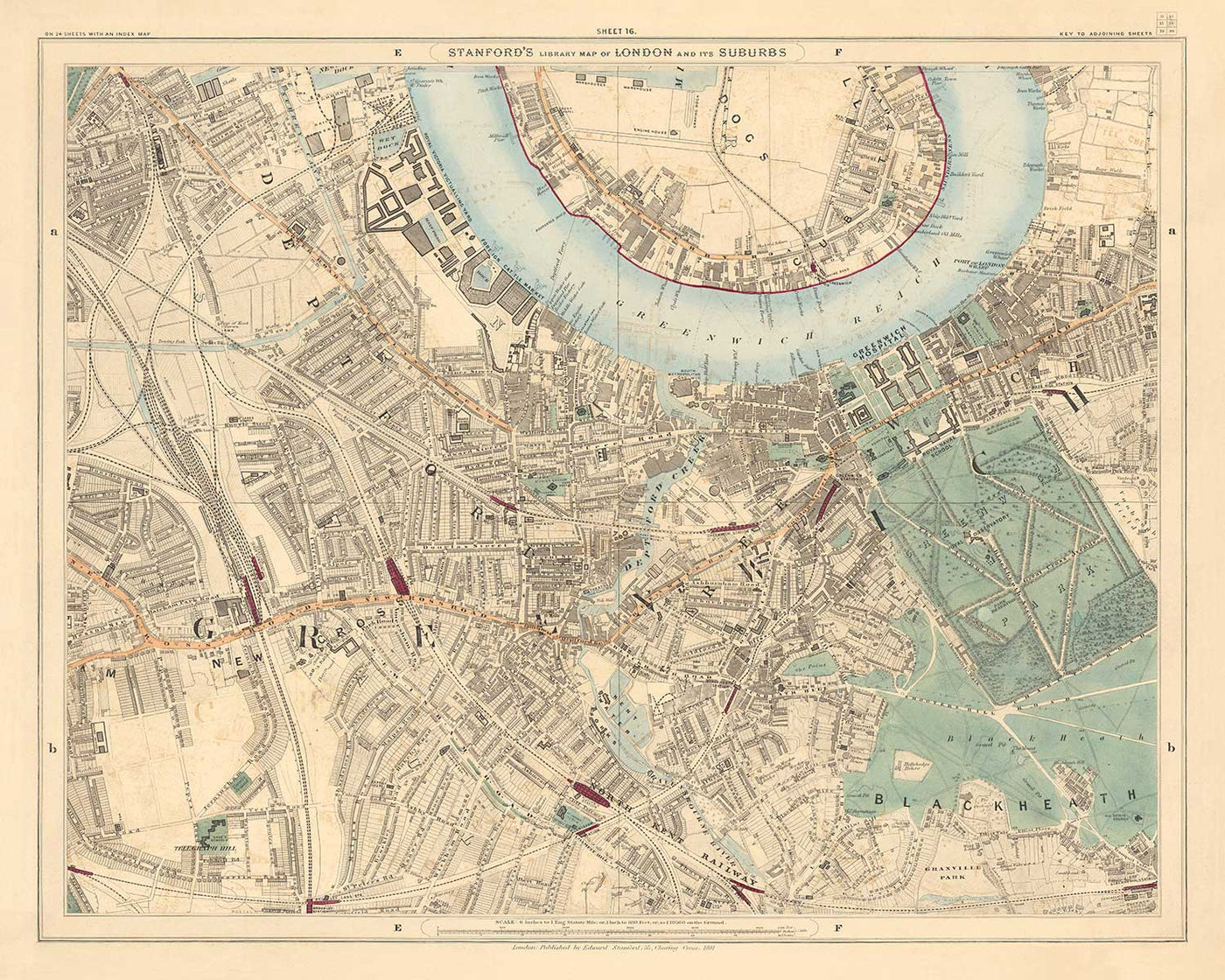 Alte Farbkarte von Südlondon im Jahr 1891 - Greenwich, Deptford, New Cross, Telegraph Hill, Blackheath - SE8, SE14, SE10 SE4 SE13 