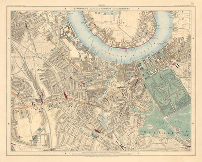 Alte Farbkarte von Südlondon im Jahr 1891 - Greenwich, Deptford, New Cross, Telegraph Hill, Blackheath - SE8, SE14, SE10 SE4 SE13 