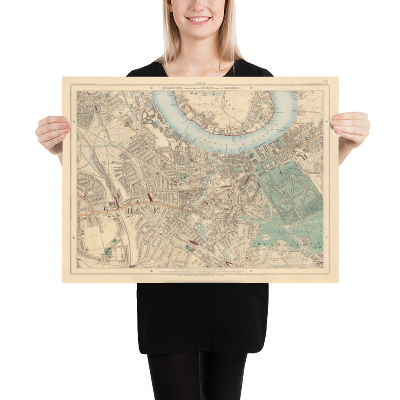 Alte Farbkarte von Südlondon im Jahr 1891 - Greenwich, Deptford, New Cross, Telegraph Hill, Blackheath - SE8, SE14, SE10 SE4 SE13 